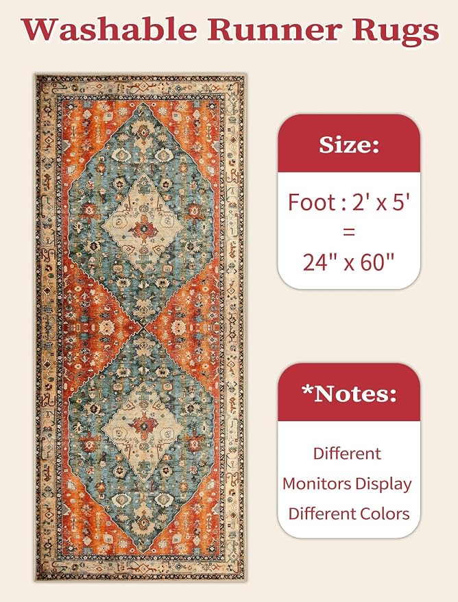SERISSA Boho Washable Runner Rug, 2x5 Rug Non-Slip Tribal Hallway Kitchen Runner Rug Ultra Soft Print Distressed Vintage Floor Carpet for Bedroom Bathroom Laundry Living Room