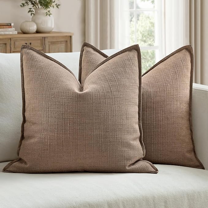 MIULEE Pack of 2 Thick Textured Couch Throw Pillow Covers, Coco Brown Decorative Pillow Covers 22x22, Neutral Linen Cushion Cases for Sofa Bed Living Room Modern Farmhouse Home Decor, No Filling