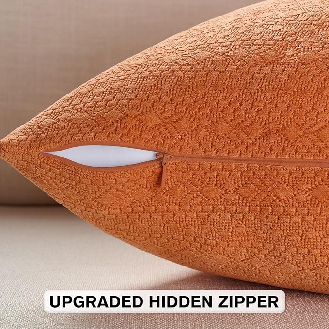 FUTEI Orange Chenille Throw Pillow Covers 24x24 Inch Set of 2,Soft Striped & Diamond Textured European Cushion Cases,Modern Home Decor for Couch Living Room