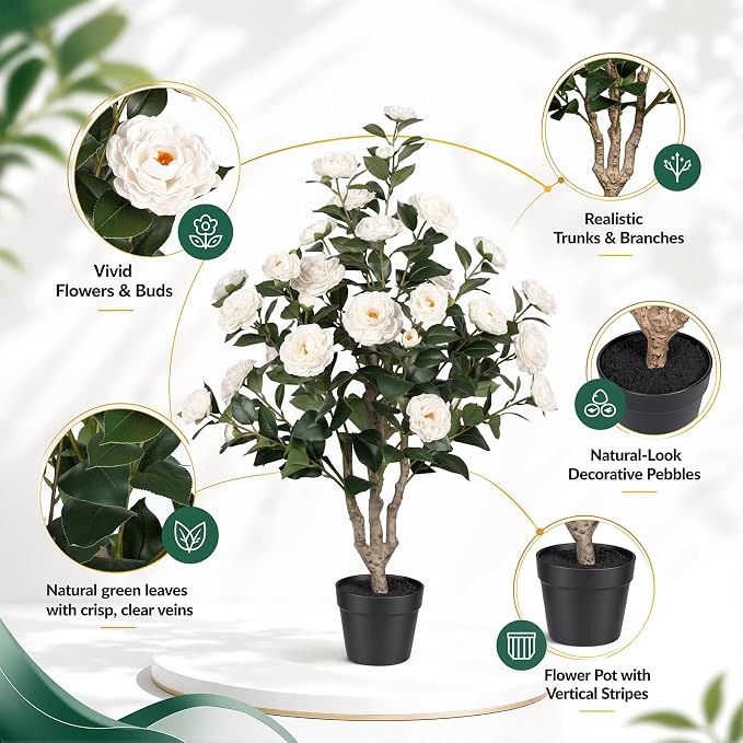 3FT Artificial Camellia Tree 2 Pack, UV Resistant Faux Camellia Plants with Realistic White Flowers, Tall Fake Potted Trees for Front Porch Patio Garden Home Decor, Indoor Outdoor