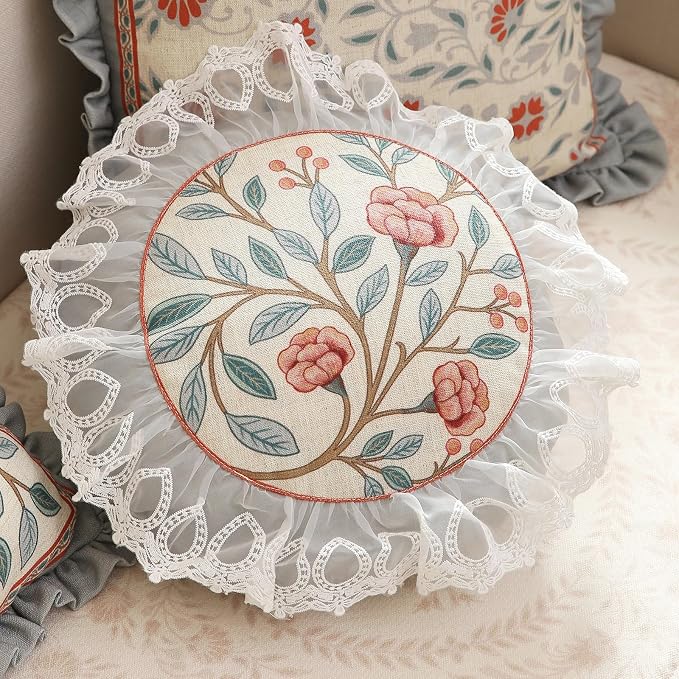 bilin gaier Linen Throw Pillow Cover,Set of 2,Diameter 16"-Flowershadow C | Designer Vintage Elegant Round Pillow Cover,Concealed Zipper,Floral Pattern,Sofa,Bedroom,Living Room,Lounge Chairs