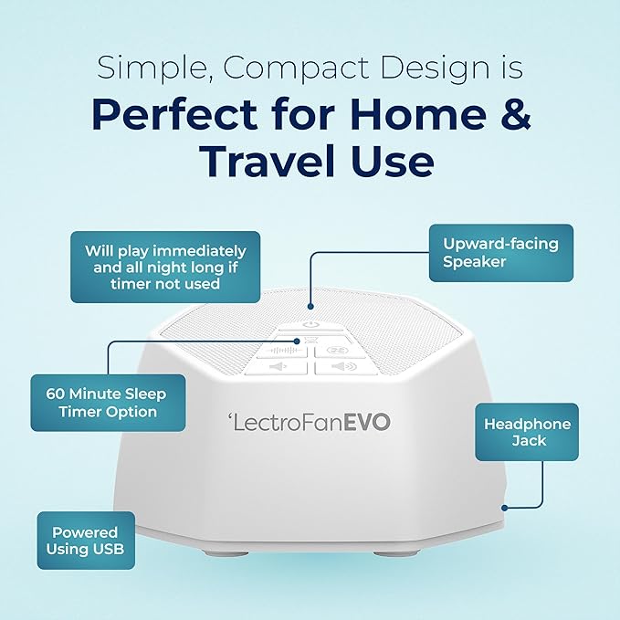 Adaptive Sound Technologies LectroFan EVO - Non-Looping Sound Machine for Sleep - Soothing Noise - Convenient Sleep Timer - Lightweight Build - USB-Powered - White