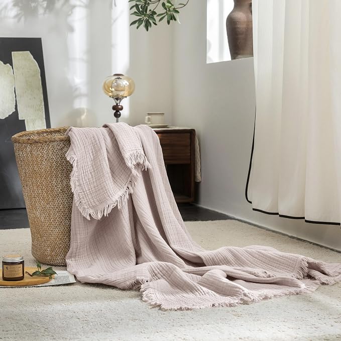 FOSSA Muslin Blanket 4-Layer 100% Cotton Gauze Blanket with Fringe 50"x70" | Super Soft Breathable Lightweight All Season & Decorative Blanket or Bed, Sofa, Office (Greyish Pink,Throw XL)