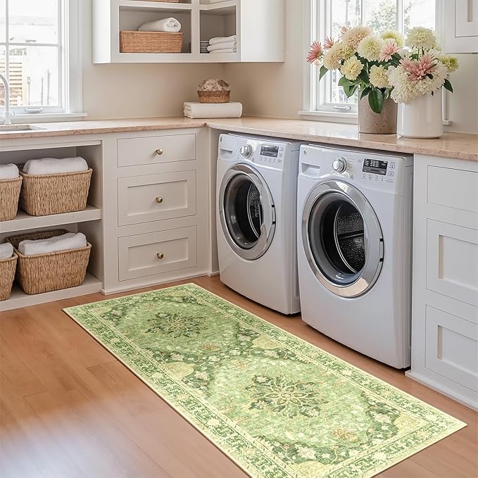 RELEANY Area Rugs 2'x6' Runner Rug Non Slip Washable for Kitchen Hallway Bedroom Beside Laundry Room Bathroom Rug, Floor Carpet, Sage Green Yellow