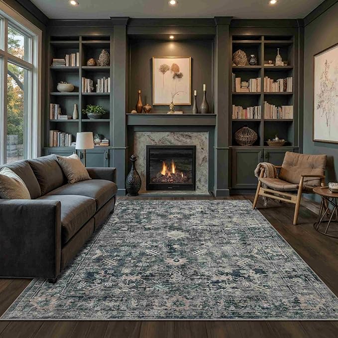 Rugxara 5x7 Area Rugs for Living Room Bedroom, Blue Washable Rug, Vintage Retro Boho Rug, Non Slip & Low Pile Faux Wool Thin Carpet for Indoor Dining Room and Kids Room(Blue 5x7ft)