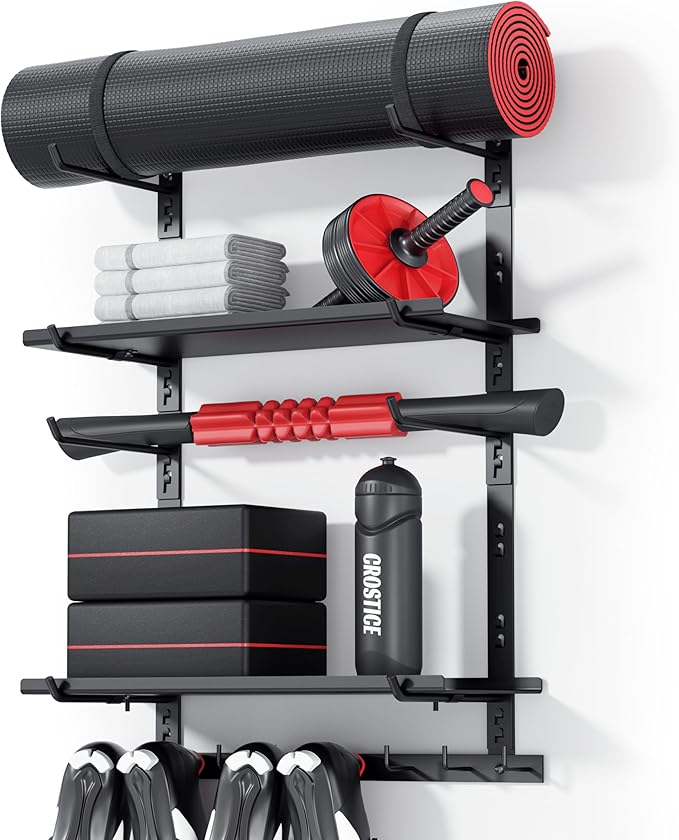 Home Gym Storage Shelf Only, Adjustable Gym Equipment Organizer Wall Mounted with 2 Boards, Yoga Mat Holder, Storage Rack Compatible with Peloton Shoes & Mat, Shelf for Home Training Accessories