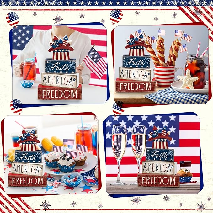 CroBlissful 4 Pcs 4th of July Decorations Patriotic Memorial Day Tabletop Decorations Red White Blue Table Centerpieces Sign for Office Tiered Tray Home Shelf 250th Anniversary(Independence Day Hat)