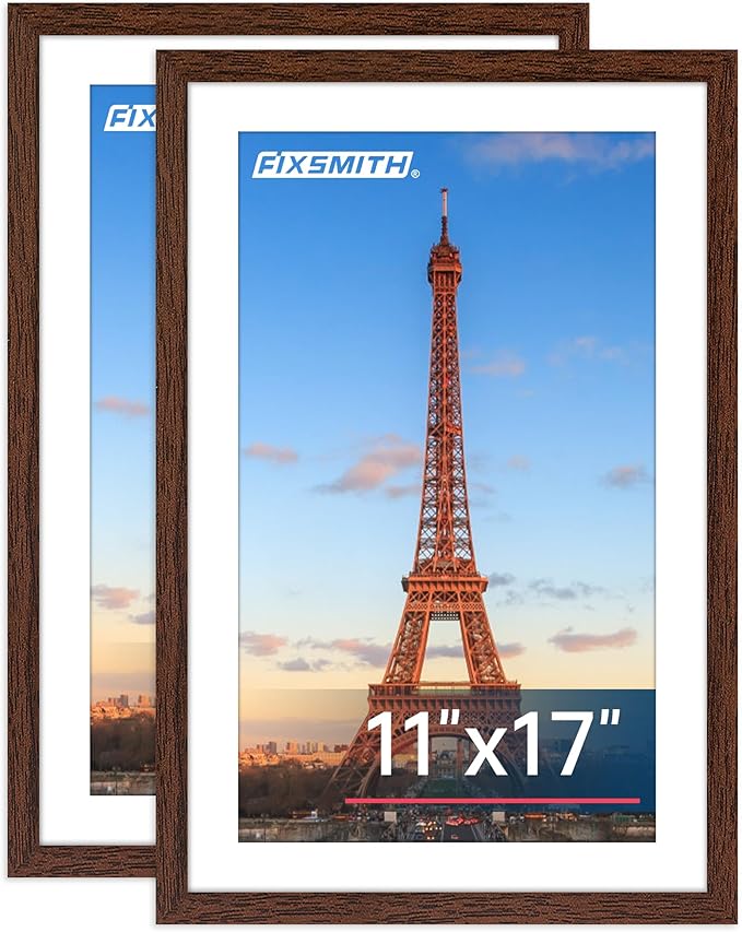 FIXSMITH 11x17 Picture Frame Brown Set of 2, Photo Frame with HD Plexiglass, Display Pictures 9x15 with Mat or 11x17 Without Mat, Brown Picture Frames Collage Wall Decor, Gallary Wall Frame