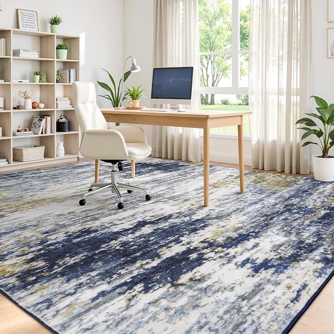 Lofus 8x10 Area Rug for Living Room,Abstract Large Rugs with Non-Slip Backing, Neutral Modern Washable Carpet for Bedroom Dining Room Home Office Nursery Indoor, Dark Blue/Brown
