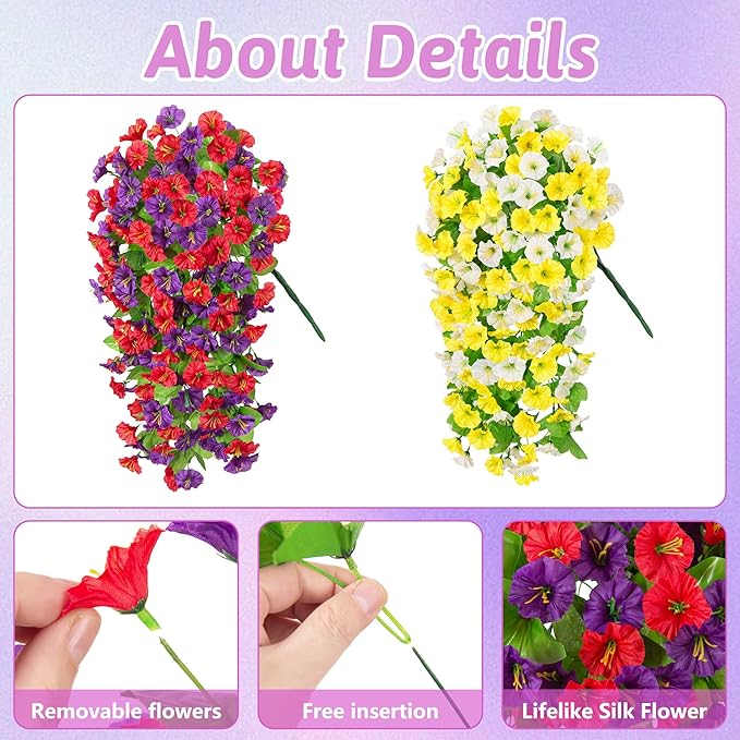 Ammyoo Artificial Fake Hanging Flowers Basket for Spring Decor, Faux Silk Flower in Planter for Summer, Outdoor Artificial Floral for Home Porch Yard(Yellow White Purple Red)