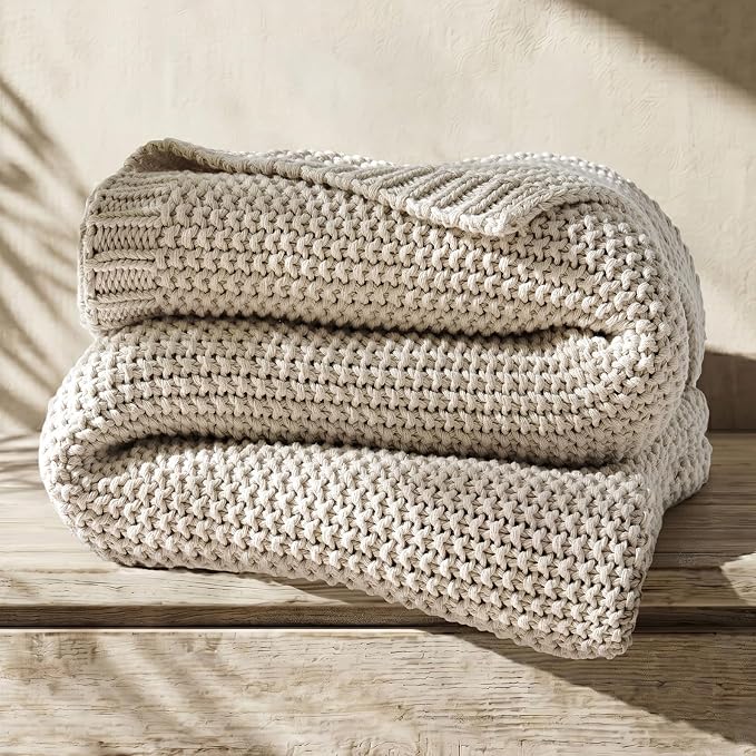 EverGrace Organic Cotton Chunky Knit Throw Blanket, 60 x 80 Birch | OCS Certified Organic Cotton, Seed Stitch Knit, Soft & Breathable, Cozy Midweight, Decorative Throw for Couch, Bed & Sofa