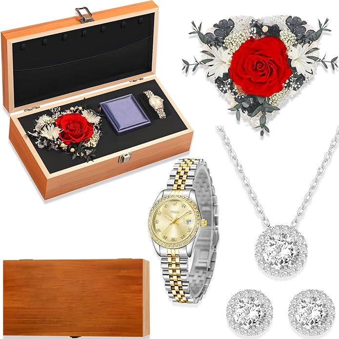 Birthday Gifts for Women-Preserved Roses Jewelry Set 925 Sterling Silver Necklace Earrings,Watches for Women,Wooden Jewelry Organizer-Mother’s Day, Anniversary,Thanksgiving,Christmas,Graduation Gifts