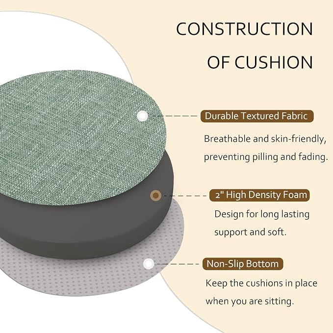 ELFJOY Round Chair Cushions for Dining Chairs Non Slip High-Resilience Foam Chair Pads 2" Thick Seat Cushions for Kitchen Chairs Set of 2 13" Sage Green