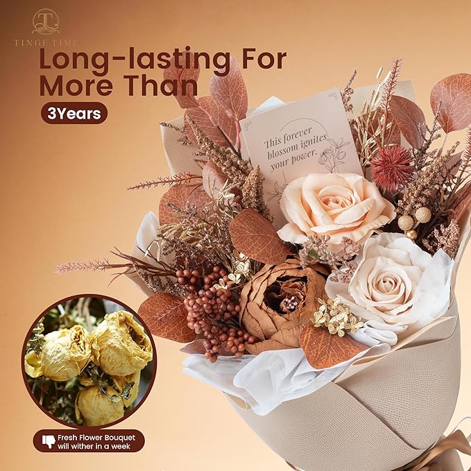 TINGE TIME Brown Preserved Flowers Bouquet, Flowers for Delivery, Eternal Roses Bouquet for Wedding, Table Centerpieces, Valentines, Mothers Day, Birthday Gifts, Anniversary