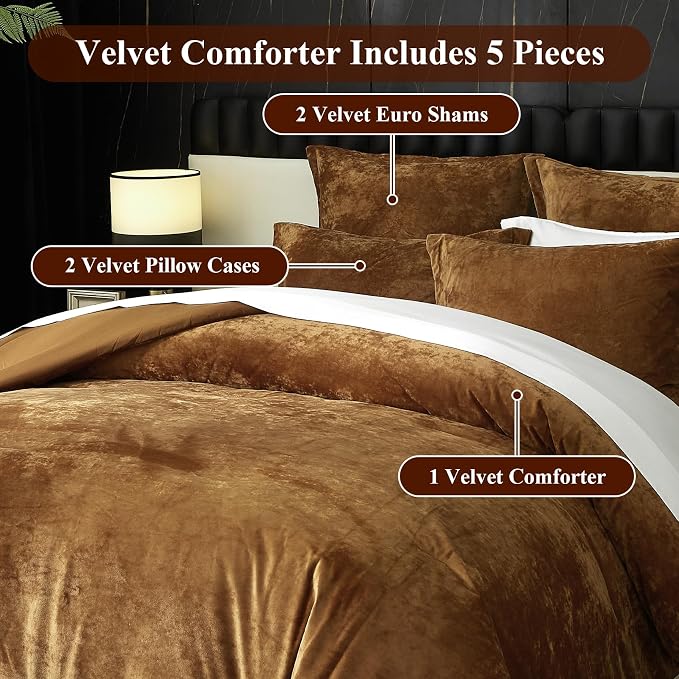 Ivellow Crushed Velvet Comforter Set King Lightweight Comforter 5pcs Ultra Soft Breathable Bedding Set Luxury Cozy Flannel Comforter King Size (1 Comforter,2 Pillow Shams, 2 Euro Shams)