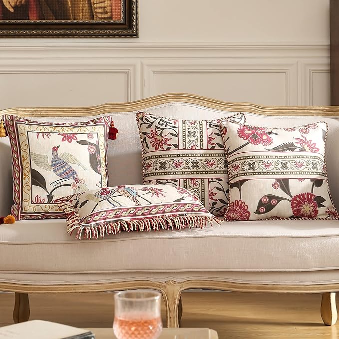 patdrea Vintage Linen Throw Pillow Cover,12"x20",Set of 2-Schumacher D | Elegant French Decorative Pillow Case,Bird Pattern with Fringe Trim,Cushion Coverfor Couch Living Room Bedroom Sofa