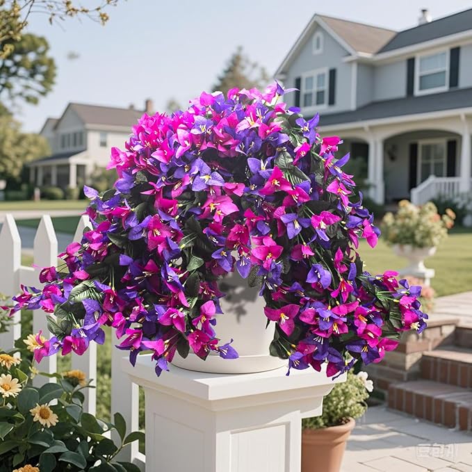 Grunyia 4 Pack Artificial Bougainvillea Hanging Basket Flowers – UV Resistant Fake Flowers with Silk Petals, Realistic Trailing Plants, Outdoor Indoor Wall Garden Home Wedding Decor