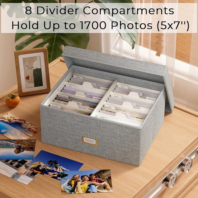 Decorative Photo Storage Box - Linen Photo Box Organizer with Dividers, Fits Holds Up to 1700 Pictures and 5x7 Photos, Memory Keepsake Organizer for Photos, Scrapbook Supplies, Cards, Stamps (Grey)