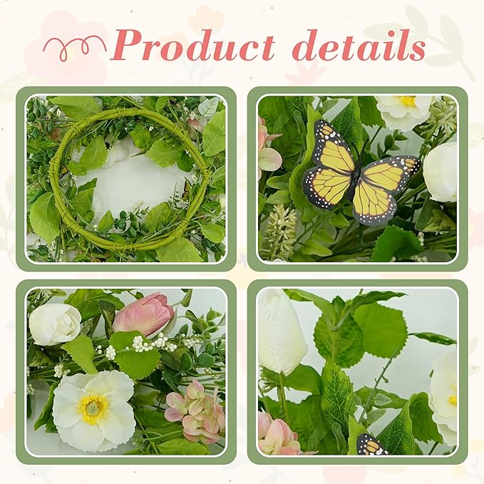 YNYLCHMX 18" Spring Summer Wreaths for Front Door, Artificial Floral Wreath with White Flower Eucalyptus Leaves Butterfly, Green Foliage Wreath for Wall Window Farmhouse Party Holiday Home Decor
