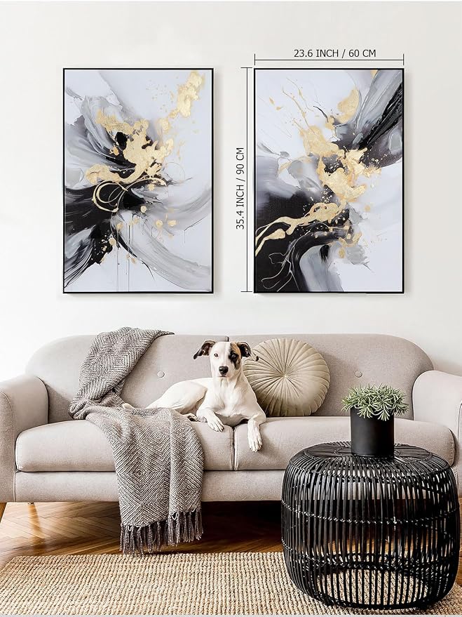 SAFERRYHOME Framed Canvas Wall Art - Black and Gold Wall Art Decor - Large Abstract Wall Art for living room bedroom office