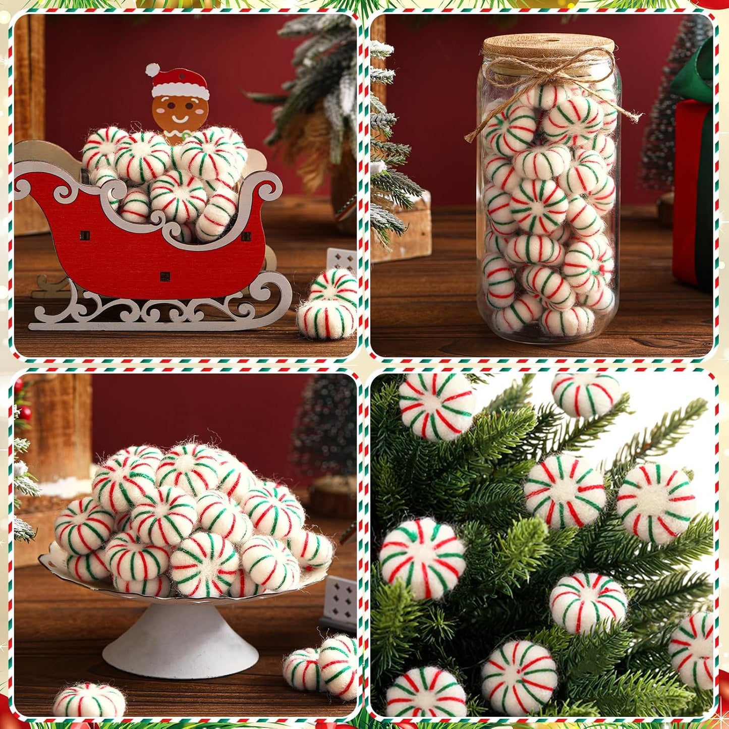 36 Pcs Felt Peppermint Decoration Christmas Wool Peppermints Christmas Arts Crafts Supplies, DIY Garland for Tree Home Vase Filler Decoration(Green)