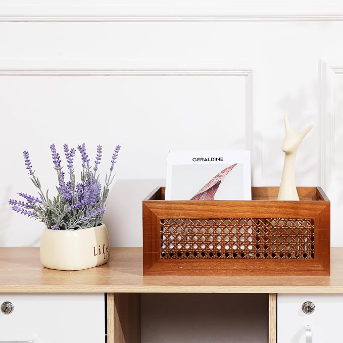 Wooden Storage Basket Handmade Rattan Drawer Storage Box with Frame & Handles Decorative Natural Bamboo Woven Bins Rustic Farmhouse Decor Home Office Tabletop Shelf Organizer 15" x 11" x 5.9"
