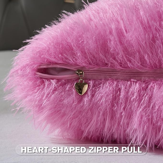 FUTEI Pack of 2 Shaggy Mongolian Faux Wool Throw Pillow Covers 18x18 Inch Soft Decorative Cushion Case for Couch Bed Living Room, Hot Pink