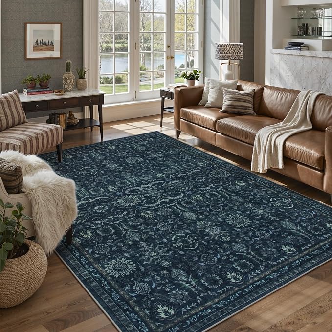 Lahome Navy Blue Rug 5x7, Boho Dark Washable Rugs for Living Bedroom Room | Vintage Carpet for Office, Rubber Backed Non Slip Carpets for Dorm Dining Room Apartment