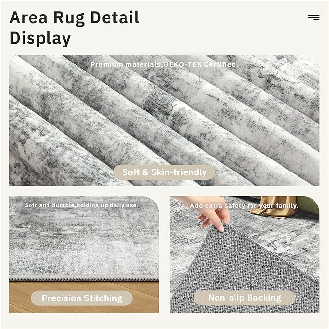 Soalmost 6x9 Abstract Area Rugs for Living Room 6 x 9 Washable Non Slip Low Pile Gray Rugs for Bedroom Dining Room Foldable Thin Gray White