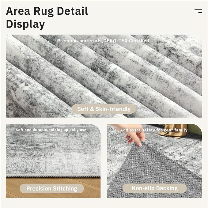 Soalmost Abstract Rug 5x7 Machine Washable Area Indoor Grey White Low Pile Non-Slip Foldable Thin Accent Rugs for Bedroom Living Room Dining Room