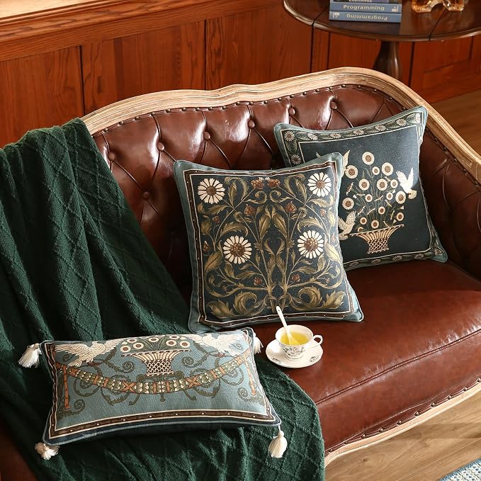 bilin gaier Green Throw Pillow Covers Set of 1,French Farmhouse with White Birds and Flowers Pattern Linen Pillowcases,Decorative Square Pillows Cushion Covers for Couch Sofa Bed Chair,18x18 Inches