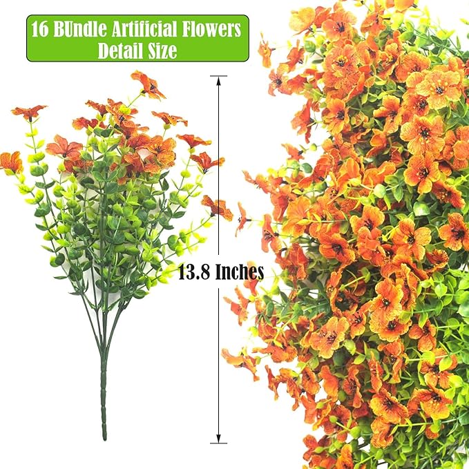 Grunyia Artificial Fake Flowers for Outdoor Spring Decoration, 16 Bundles Faux Silk Colorful Daisy UV Resistant Realistic for Outside Porch Patio Home Yard Garden Planters Pots Window Box (Orange)
