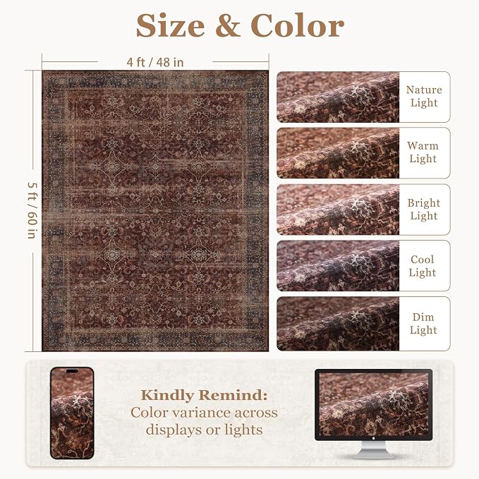 Brick Red 4x5 Area Rugs, Washable Non Slip Throw Rugs for Kitchen Bathroom Entryway, Low Pile Thin Print Carpet Rug for Foyer/Nursery/Home Office/Living Room/Bedside, Vintage Farmhouse