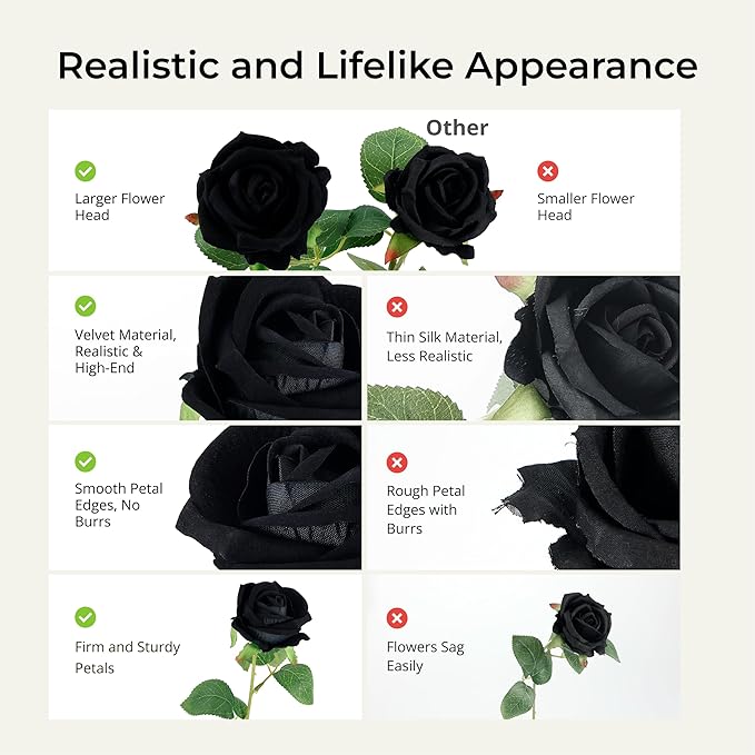 Auihiay 104PCS Black Roses, Realistic Silk Velvet Fake Roses, Vivid Artificial Black Rose Bouquet for Gothic Wedding, Bridal Bouquet, Party Backdrop, Home Decor, Valentine's Day, DIY Floral Crafts