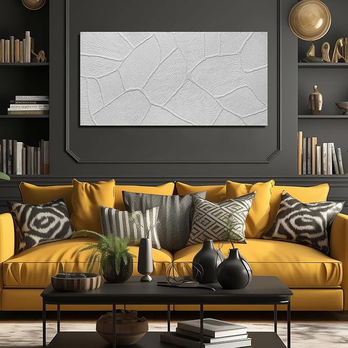 DNIEOTU Abstract Textured Canvas Wall Art for Living Room, White Wall-Decor for Bedroom, Modern Minimalist Geometric Paintings for Hallway Office, Size 47 x 24 Inches Hand Painted