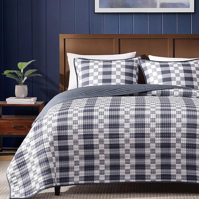 WRENSONGE Plaid Queen Quilt-3 Pieces Lightweight Bedspread Blue Grey Quilt Queen Size Quilt Bedding Set for All Seasons, Soft Summer Reversible Neutral Coverlet with 2 Pillow Shams