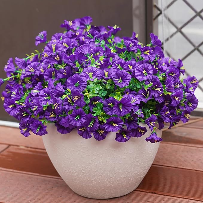 Artificial Flowers for Outdoors, UV Resistant Fake Silk Morning Glory, Realistic Faux Plants for Outside Porch Patio Window Box Hanging Planter (12, Purple)