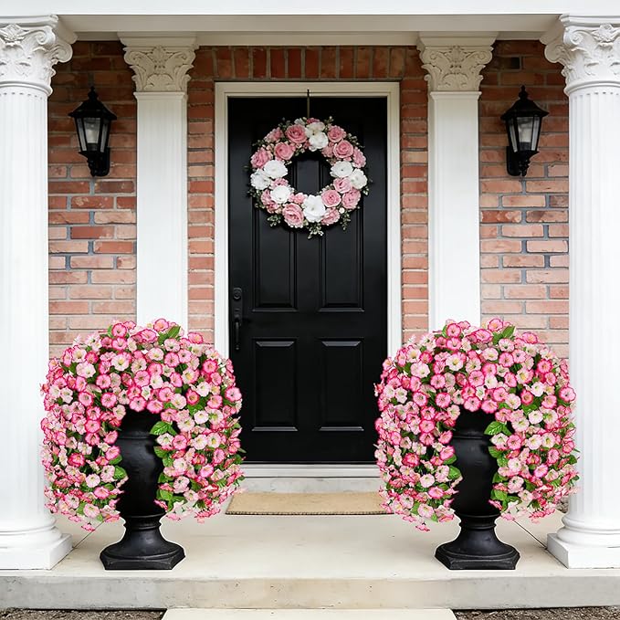 INXUGAO Artificial Fake Hanging Flowers Plants for Outdoor Decoration, 2PCS Faux Silk Morning Glory Long Vines Stems UV Resistant Look Real for Spring Summer Outside Home Porch Patio, Pink