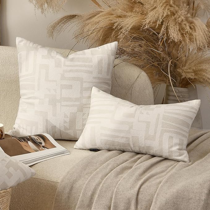 Lumbar Pillow Cushion Cover 20x12 Inch, Double-Sided Geometric Pattern Pillow Covers, Modern Designer Original Pillowcase for Sofa, Bed, Rattan Chair, Bedroom, Living Room(White)
