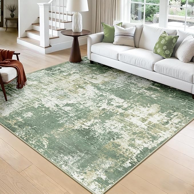 RELEANY Washable Area Rugs Square 8ft Non-Slip Modern Abstract Soft for Living Room Entryway Bedroom Nursery, Print Pattern, Light Green/Yellow