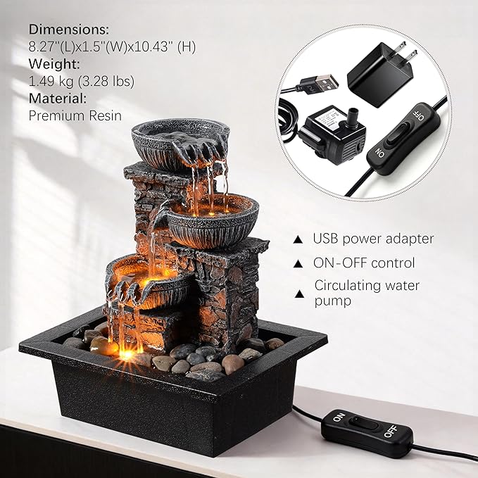 Kalona Tabletop Fountain 3 Bowls with LED Light Soothing Water Flowing Sound Fountain Zen/Meditation Home/Office Decor Home Décor Relaxation Indoor (23113)