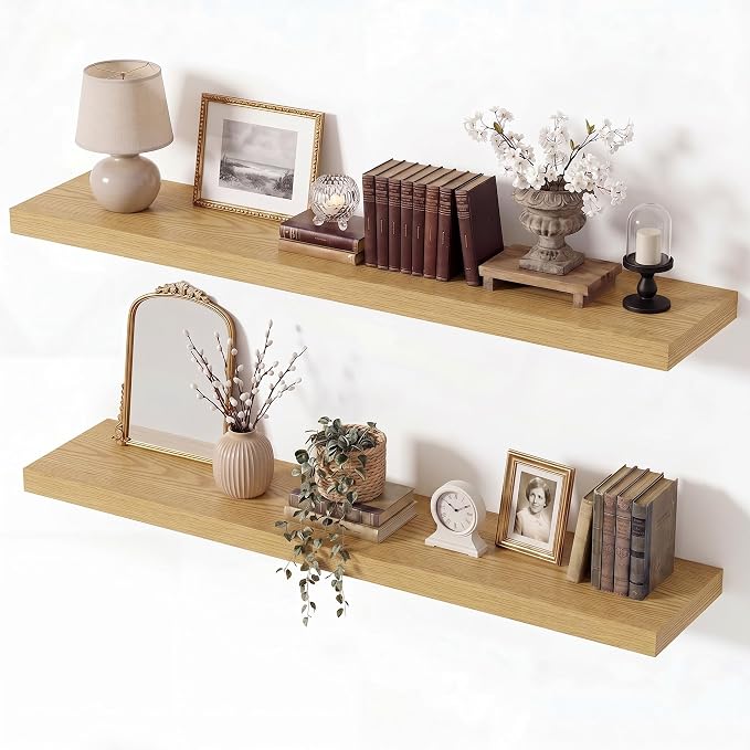 Vivelove Wall Floating Shelves for Display with Invisible Brackets, 36 Inch Floating Shelves for Bedroom Bathroom Living Room Kitchen Office, 36”X 8" X 1.4", Set of 2 - Oak