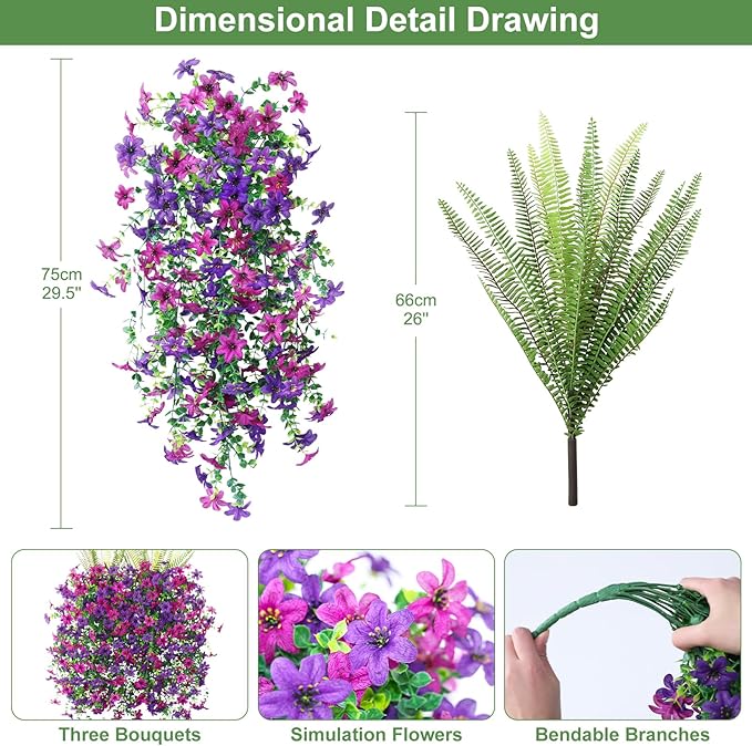 Artificial Fake Flowers Plants for Outdoor Decoration,3 Pcs Faux Hanging Flowers with Boston Ferns Spring Summer Decor,UV Resistant Realistic Fake Silk Flowers for Planter Balcony Yard Porch Garden