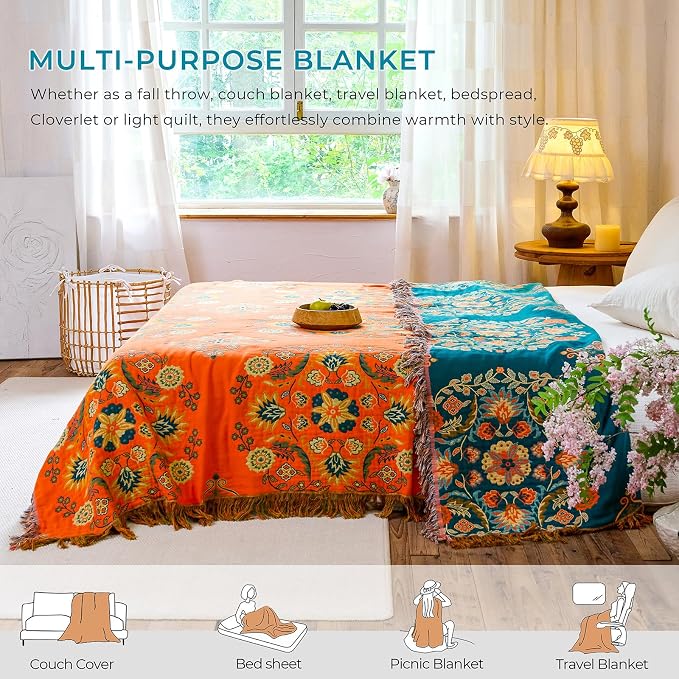 Throw Blanket for Couch Bed Chair,100% Cotton Soft Lightweight Muslin Blanket,4-Layer Woven Gauze Breathable Rustic Quilt -Orange Floral Farmhouse Decor,Bed All Season Blankets,90"×98"