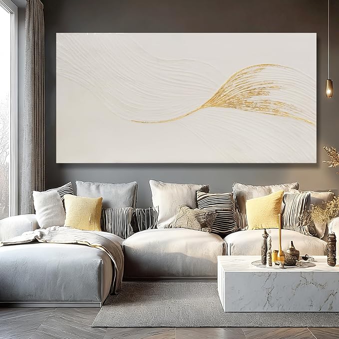 Dolidoteart Wall Art Hand Painted Oil Painting, Oversized Neutral White Gold Textured Abstract Wall Art, Long Horizontal 29x58 Inch Minimalist Wall Decor for Living Room Bedroom Above Couch