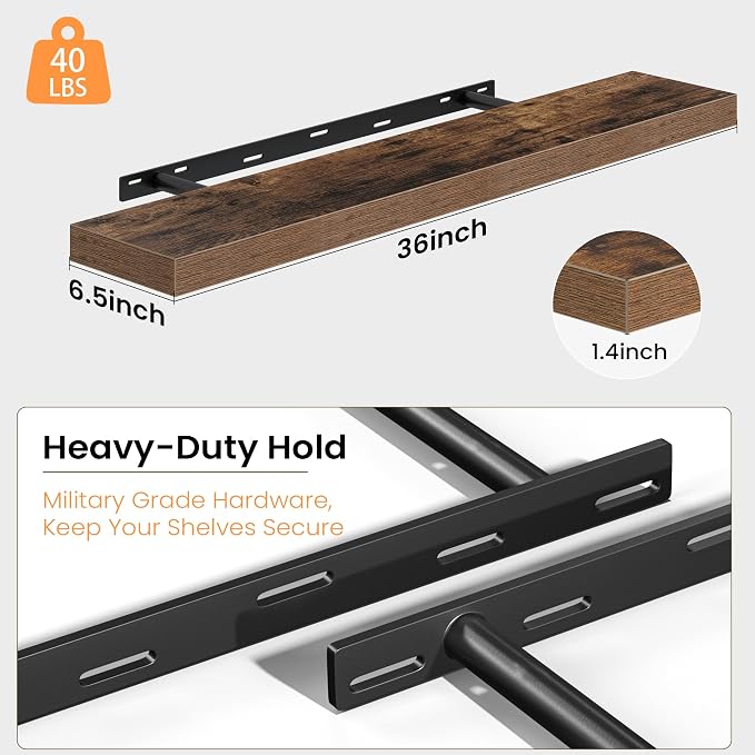Fun Memories Floating Shelves for Wall, 36 Inch Long Set of 2 Rustic Wood Wall Shelves with Invisible Brackets, Heavy Duty Storage Display for Living Room Bedroom Kitchen, Brown