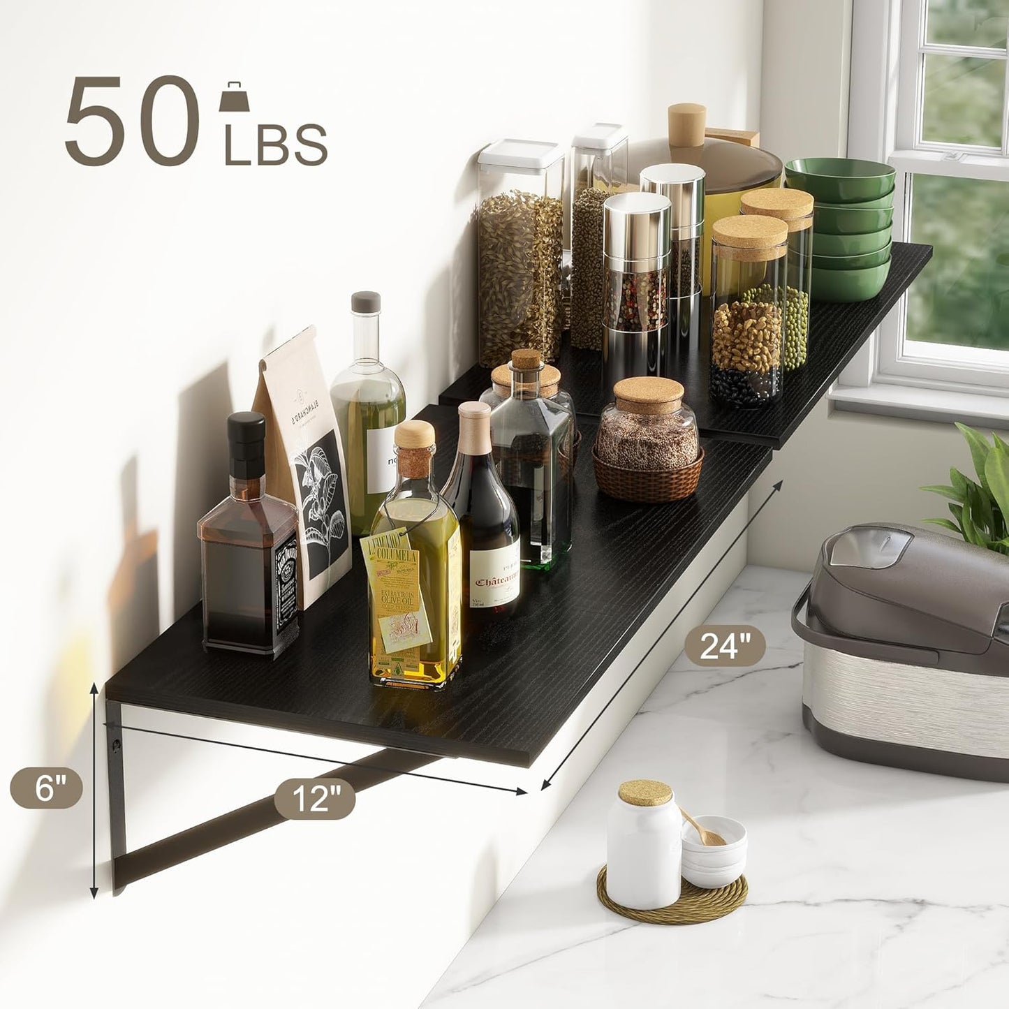 Deep Floating Shelves, 12 Inch Deep Floating Shelves for Wall, 24"W x 12"D Wall Shelves for Books, Rustic Black Wooden Shelves, Large Wide Display Shelf for Bathroom, Living Room, Bedroom, Set of 2