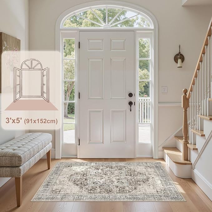 Tortania Area Rug Living Room Rugs - 3x5 Washable Boho Rug Vintage Oriental Distressed Farmhouse Small Thin Indoor Carpet for Living Room Bedroom Under Dining Table Home Office - Brown Blue