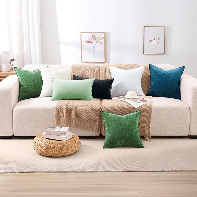 decorUhome Summer Couch Throw Pillow Covers 12x20 Set of 2, Decorative Soft Velvet Modern Cozy Chenille Lumbar Pillow Cases with Elegant Design for Sofa Bed Living Room Home Decor, Sage Green