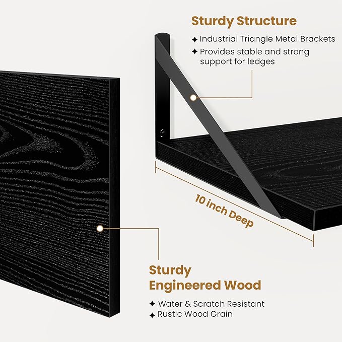 Acovy Black Deep Floating Shelves for Wall,36" Wx10 D Wood Wall Shelves with Metal Brackets,Hanging Storage Floating Shelf for Living Room,Bedroom,Bathroom,Office,Kitchen